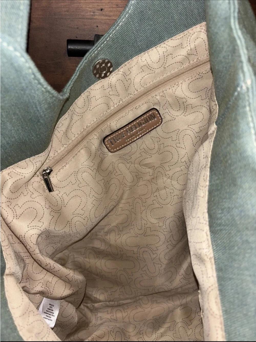 True Religion Horseshoe Stitch Sage Green Denim Satchel/Hobo Bag is NWOT
